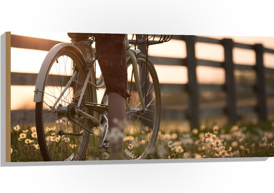 WallClassics - Hout - Fietser door Bloemenveld - 100x50 cm - 12 mm dik - Foto op Hout (Met Ophangsysteem)