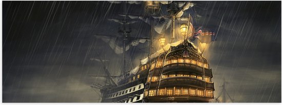 WallClassics - Poster Glossy - Groot Navire en Mer dans la Storm - 90x30 cm Photo sur Papier Poster avec Finition Brillante