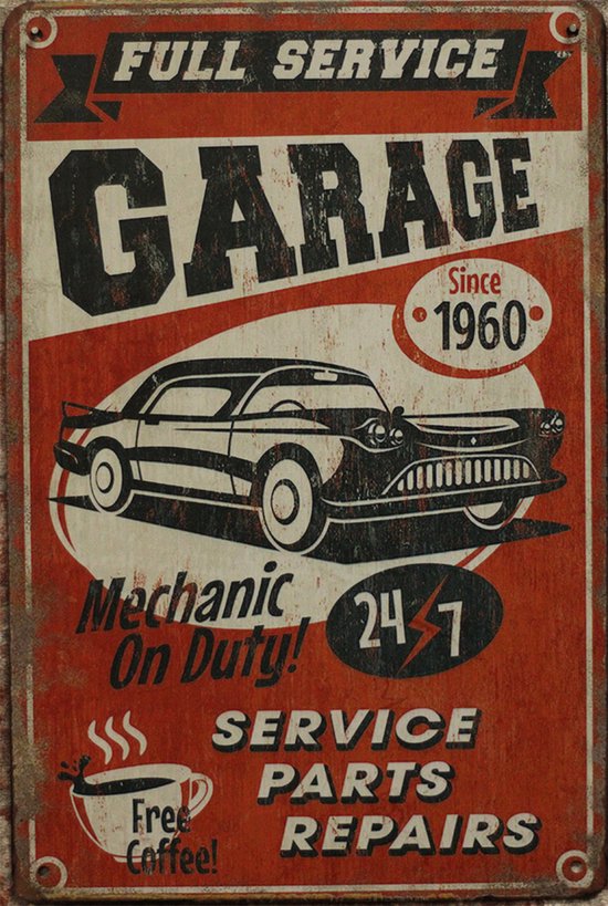 Wandbord – Garage full service - Vintage Retro - Mancave - Wand Decoratie - Emaille - Reclame Bord - Tekst - Grappig - Metalen bord - Schuur - Mannen Cadeau - Bar - Café - Kamer - Tinnen bord - 20