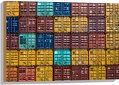 WallClassics - Hout - Opgestapelde Zeecontainers - 75x50 cm - 12 mm dik - Foto op Hout (Met Ophangsysteem)