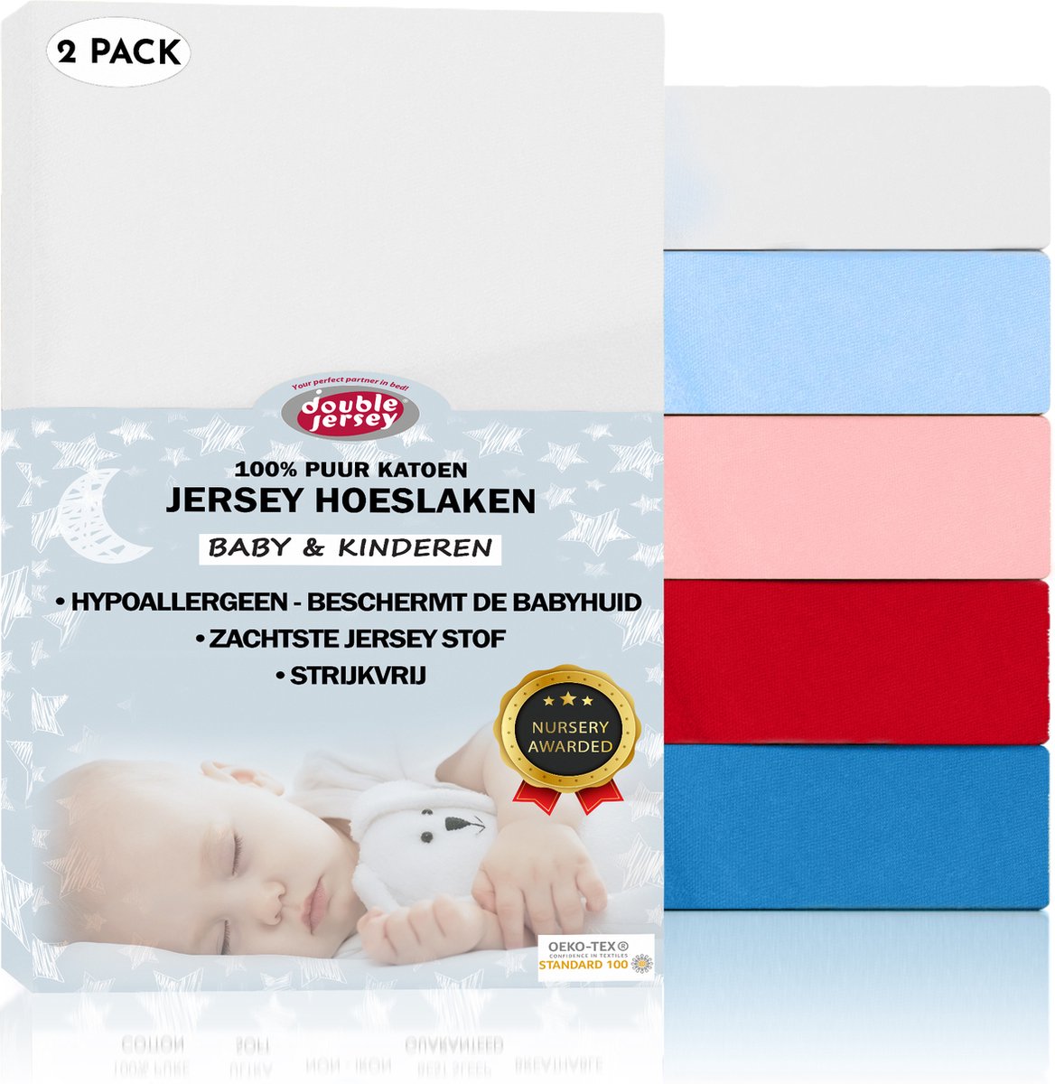 Double Jersey Baby - Kinder Hoeslaken - 2 Stuks - 100% Jersey Katoen - 70x140+20 Cm - Wit