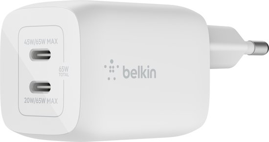 Belkin - Boost-Up Charge Pro Adapter - 2x USB-C - 65W - Wit - Met USB-C naar USB-C kabel