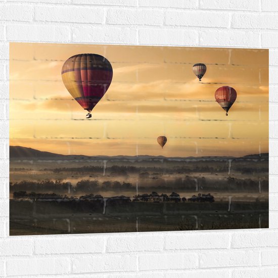 WallClassics - Muursticker - Luchtballonen Zwevend boven Open Veld - 100x75 cm Foto op Muursticker
