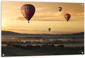 WallClassics - Tuinposter – Luchtballonen Zwevend boven Open Veld - 120x80 cm Foto op Tuinposter  (wanddecoratie voor buiten en binnen)