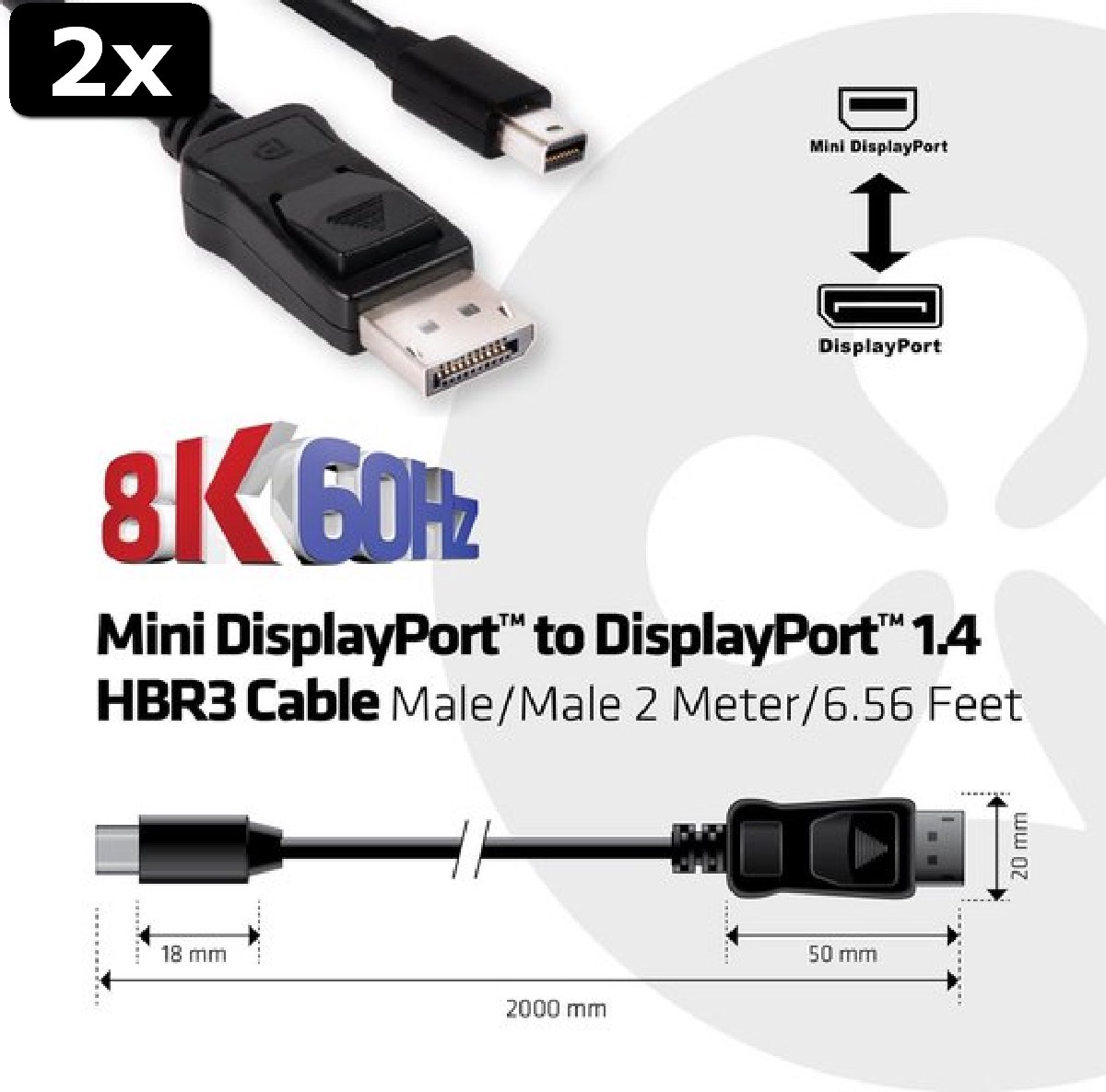 2x Club3D Mini Displayport 1.4 naar Displayport 1.4 Kabel 2Meter 8K60Hz BiDirectioneel