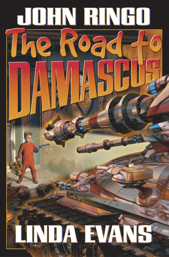 Boekomslag: Kind in oranje overall met teddybeer, staand naast een futuristisch oorlogsvliegtuig. Titel: The Road to Damascus.