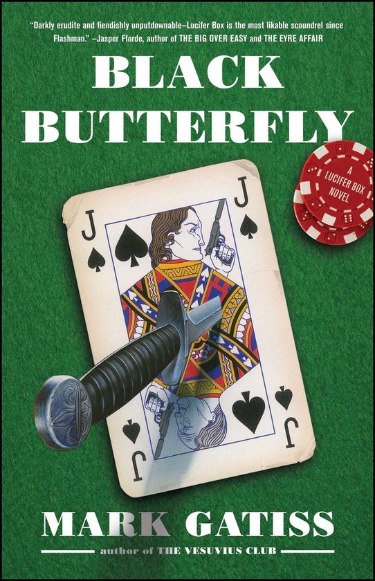Boekcover met de titel 'Black Butterfly' in witte letters, een klaveren aas met een zwaard, en een rode pokerchip.