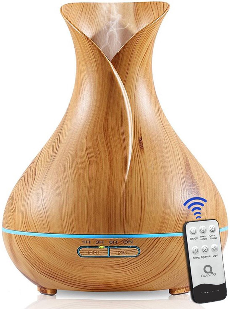 Quinto Aroma diffuser - geurverspreider - luchtbevochtiger tulp wood aromatherapie - verdamper - met afstandsbediening - inclusief geuren - licht hout
