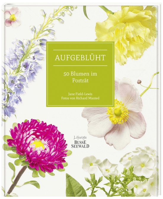 Boekomslag getiteld 'Aufgeblüht' met illustraties van felgekleurde bloemen op een witte achtergrond.