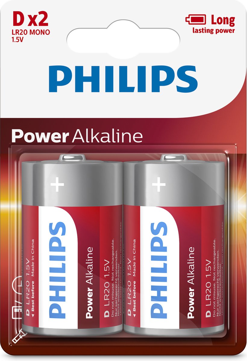 Batterij Philips D 2 stuks Power Alkaline