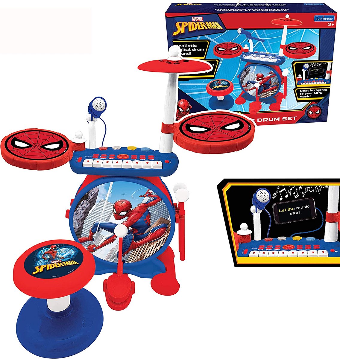 Lexibook Spider-Man Elektronische Drumkit voor kinderen, realistisch drumgeluid, 8-toetsen toetsenbord, mp3-stekker, inclusief stoel, blauw/rood, K610SP