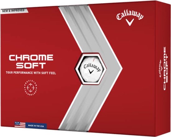 Doos Callaway Chrome Soft golfballen. Rode doos met grijze strepen, 'New & Improved' en 'Made in the USA'.