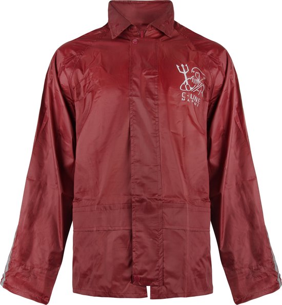 Rood regenjack met kraag, knopen en C-line Marine logo op de borst.