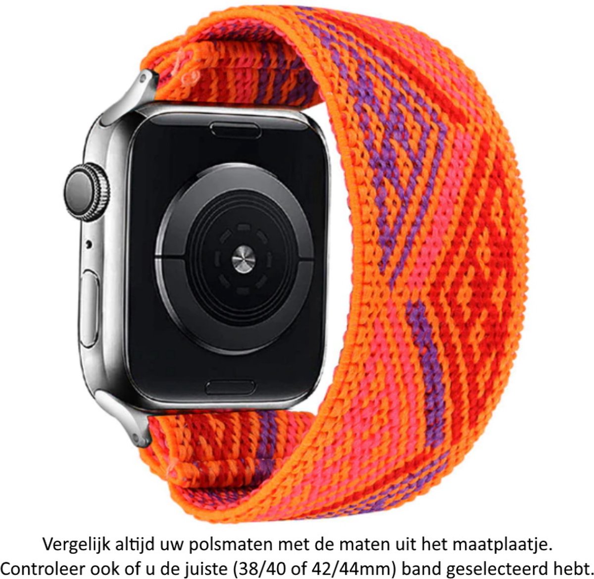 Oranje Elastische Nylon Horloge Band geschikt voor Apple Watch 1, 2, 3, 4, 5, 6, 7, 8, SE, 42mm, 44mm & 45mm "Mannenbreedte" Series – Maat: zie maatfoto - Zacht Geweven Nylon - 42 mm, 44 mm en 45 mm
