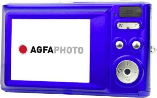 Achterkant van een blauwe AgfaPhoto digitale camera met LCD-scherm en bedieningsknoppen.
