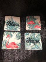 Set van 4 onderzetters Bless & Hope tegels met flamingo 10x10cm