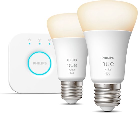 Philips Hue White Kit de démarrage : 2 ampoules connectées E27 (1100), Kit d'éclairage intelligent, Bluetooth/Zigbee, Blanc, LED, E27, A60