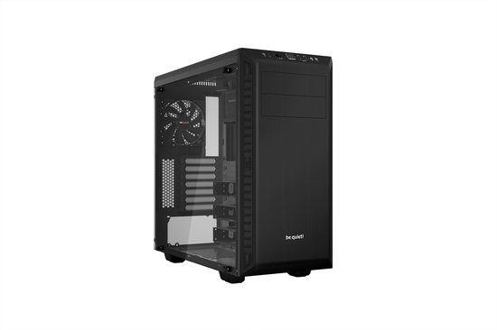 Zwarte midi-tower computerkast met glazen zijpaneel, "be quiet!" logo op de voorkant.