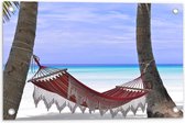 WallClassics - Tuinposter – Hangmat op het Strand - 60x40 cm Foto op Tuinposter  (wanddecoratie voor buiten en binnen)