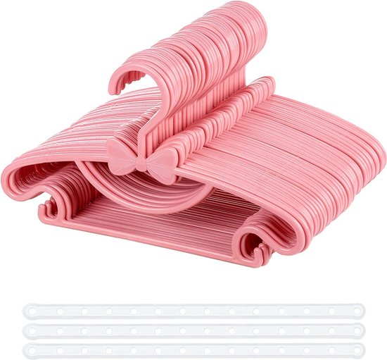 Meegroeiende kleerhangers voor kinderen, 24 stuks, uittrekbare babykleerhangers, ruimtebesparend, met stapelbare vossenhaken, 100% nieuw kunststof, kinderkleerhangers voor kinderkleding baby en kind