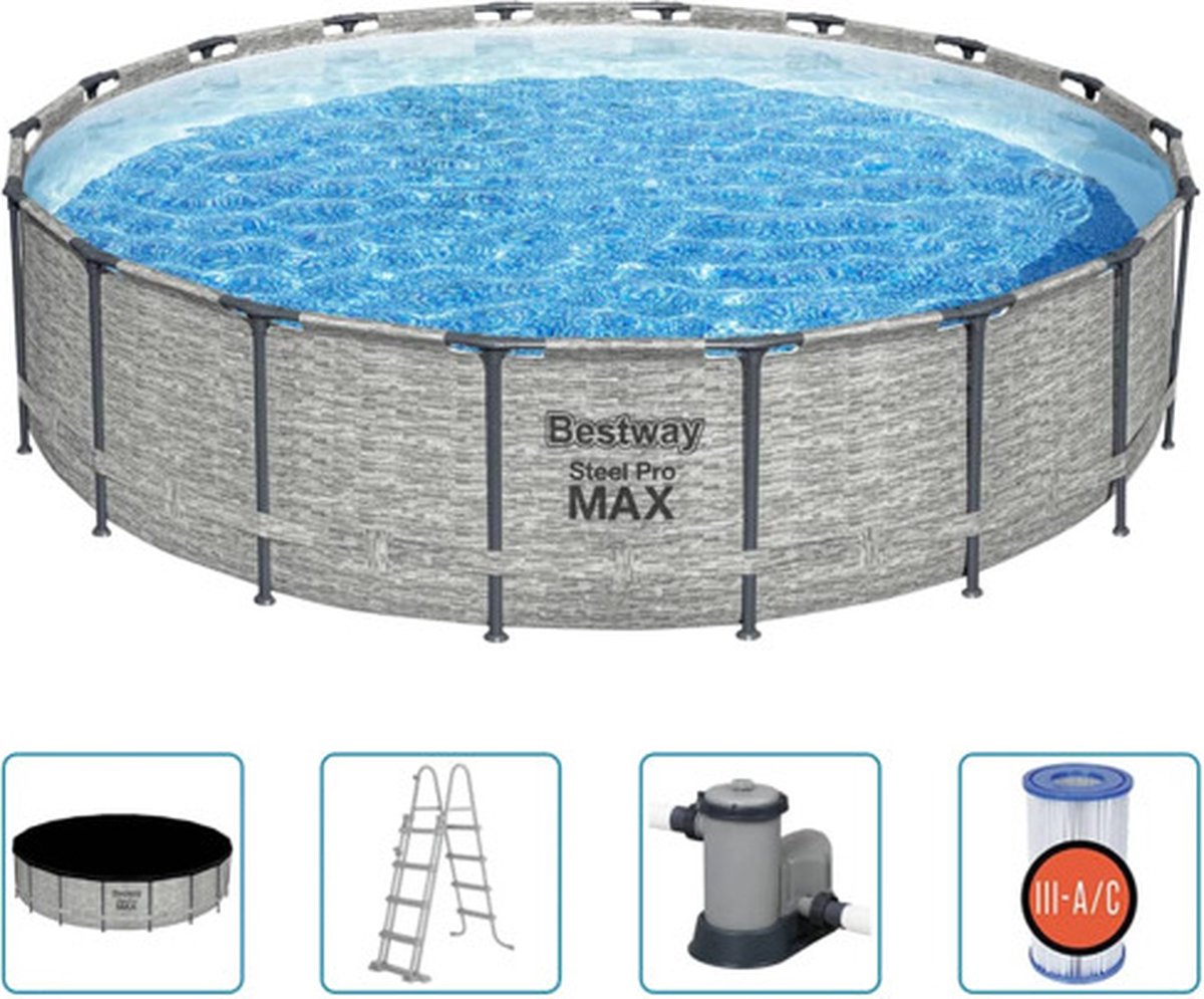 Bestway - Steel Pro MAX - Opzetzwembad inclusief filterpomp - 549x122 cm - Steenprint - Rond — afbeelding 18