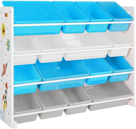 The Mash - Speelgoedrek, speelgoedorganizer, kinderkamerrek met 16 afneembare PP-kunststof dozen, 4 niveaus, voor kinderkamer, speelkamer, woonkamer, wit, blauw en grijs