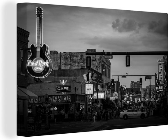 Canvas Schilderij Het Hard Rock Café en andere muziekclubs en eettenten in Beale Street in Memphis - zwart wit - 30x20 cm - Wanddecoratie