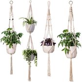 Fienosa - Hangpot - Plantenhanger - Plantenhanger Macrame - Set van 4 - Wit - Knopen - Luxe Gevlochten Touw - met witte ophang haken