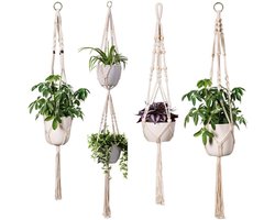 Fienosa Hangpot Plantenhanger set - Macrame Knopen- Plantenpothanger - Bloempothanger - Bloempot hanger - Set van 4 plek voor 5 potten - Wit - Luxe Gevlochten Touw - Inclusief witte Ophang haken