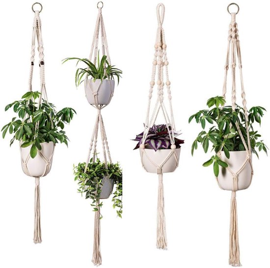 Hangpot - Plantenhanger - Plantenhanger Macrame - Set van 4 - Wit - Knopen  - Luxe... | bol.com