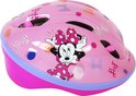 Roze helm met stippen en strikjes, met Minnie Mouse-opdruk. Blauwe en paarse rand.