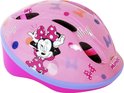 Roze helm met stippen en strikjes, met Minnie Mouse-opdruk. Blauwe en paarse rand.