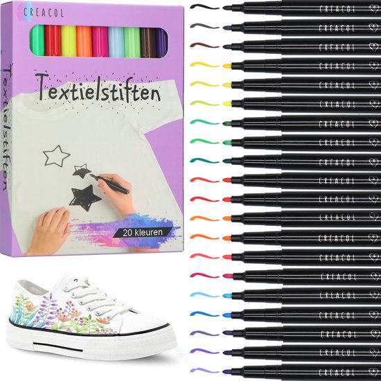 CREACOL Textielstiften - 20 Stuks - Stiften voor Volwassenen en Kinderen - Textielmarker - Inclusief Stencils