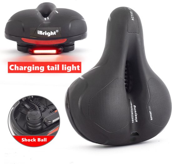 Selle de vélo iBright Gel avec feu arrière LED - Rechargeable par USB avec 5 fonctions - Éclairage de Éclairage de vélo - Femme / Homme - Étanche - Sangle de selle gratuite - Zwart