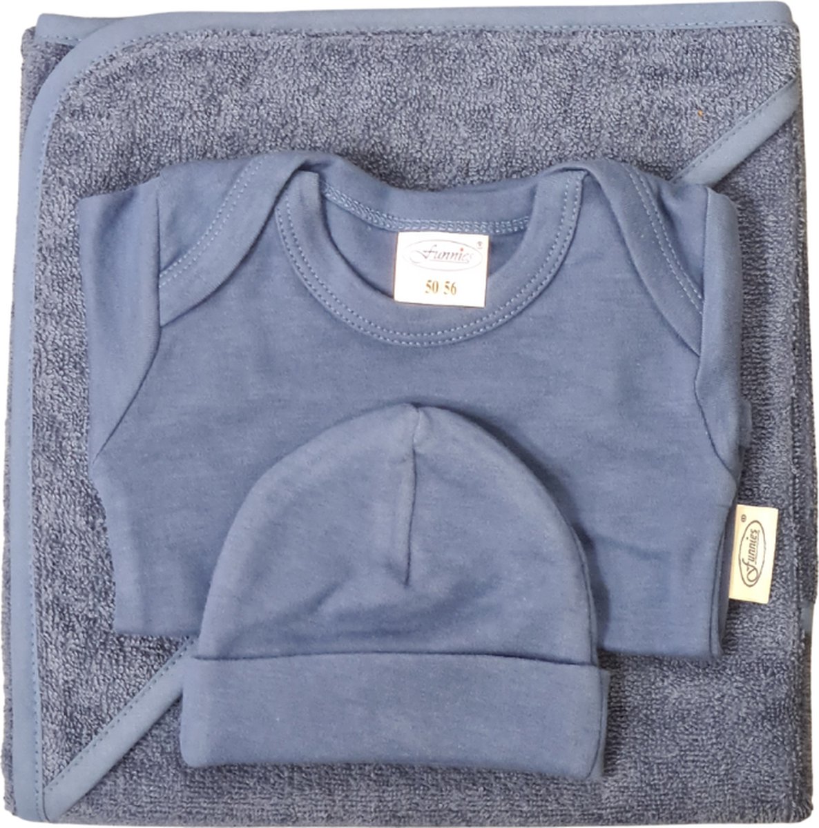 Goedkoopste Funnies- baby cadeau set- Kraamcadeau - Badcape - Baby romper – baby muts - Geboortecadeau - Baby cadeau - Silk blue