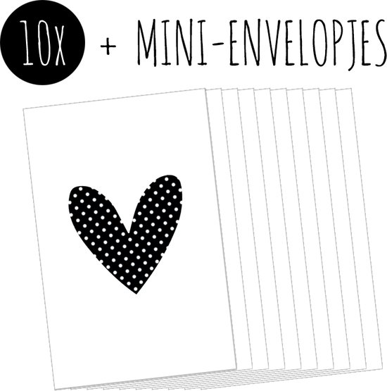 10x Minikaartjes + Mini-envelopjes | HARTJE | kleine kaartjes met kraft enveloppen | wit-zwart