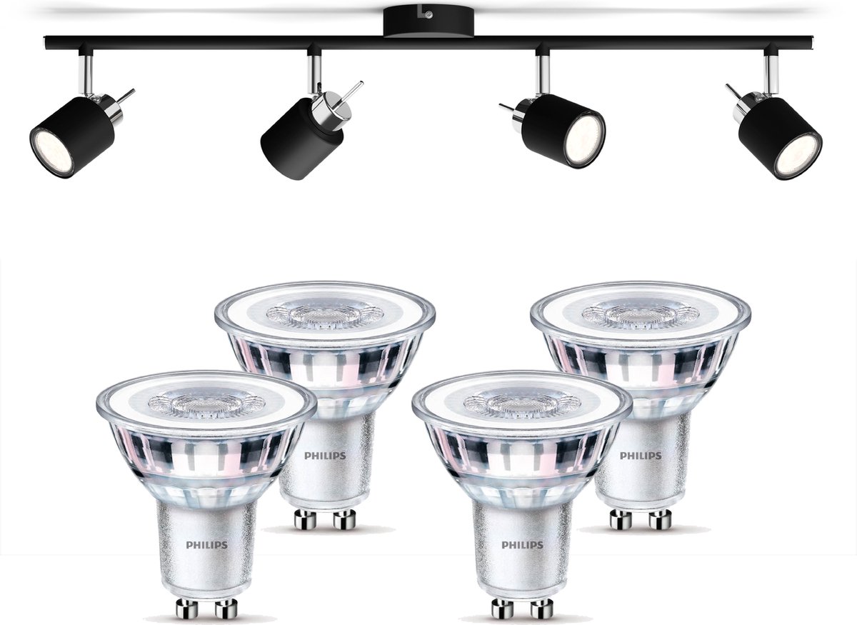 Philips Meranti Opbouwspot met GU10-fitting & Philips LED Spot GU10 50W - LED - Spotjes Opbouw - 4 Lichtpunten - Zwart
