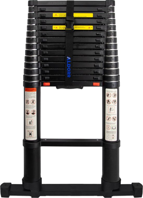 Aldor telescoopladder met waarschuwingsstickers op de treden.