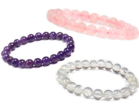 Bixorp Gems Set de Bracelets Driehoek doré - Quartz rose + améthyste + Bracelets de perles de cristal de roche - Cadeau pour Noël - Cadeau pour Saint Nicolas - Cadeau pour Cheveux