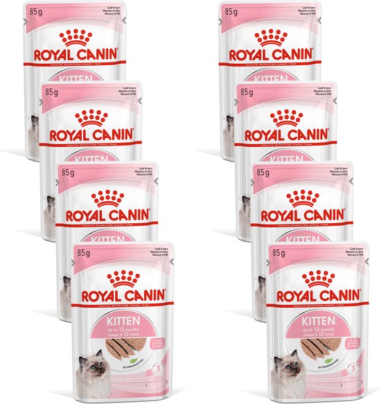 Acht pakjes Royal Canin Kitten voeding, elk 85g. Met kattenafbeelding en productdetails.