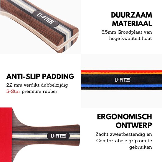 Detail van tafeltennisbat met 5-sterren rubber en ergonomisch handvat.