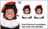 3x Pieten pruik luxe zwart met staartjes verstelbare kap - Sinterklaas feest thema feest Sint en Piet