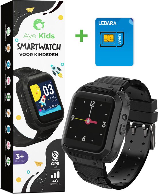AyeKids SmartWatch Kinderen - GPS - 4G Netwerk - Incl Simkaart - GPS Horloge Kind - Zwart