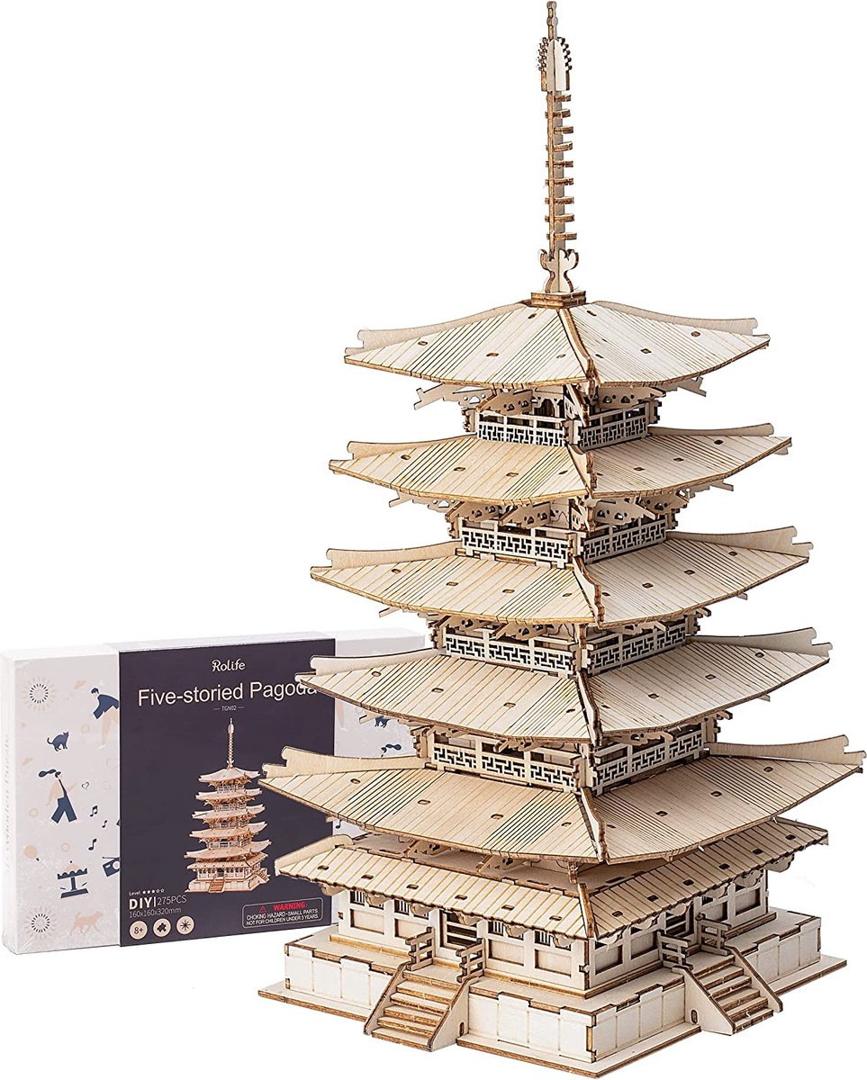 Rolife 3D DIY Houten Puzzel Vijf Verdiepingen Pagode voor Volwassenen Tieners Model Kits voor Volwassenen om te bouwen, 275 Stuks