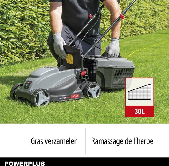 Powerplus POWEG63703 Elektrische grasmaaier - Grasmachine voor kleine tuin - 1000 W - 32cm maaibreedte - 30L opvangbak - Verstelbare maaihoogte - Powerplus