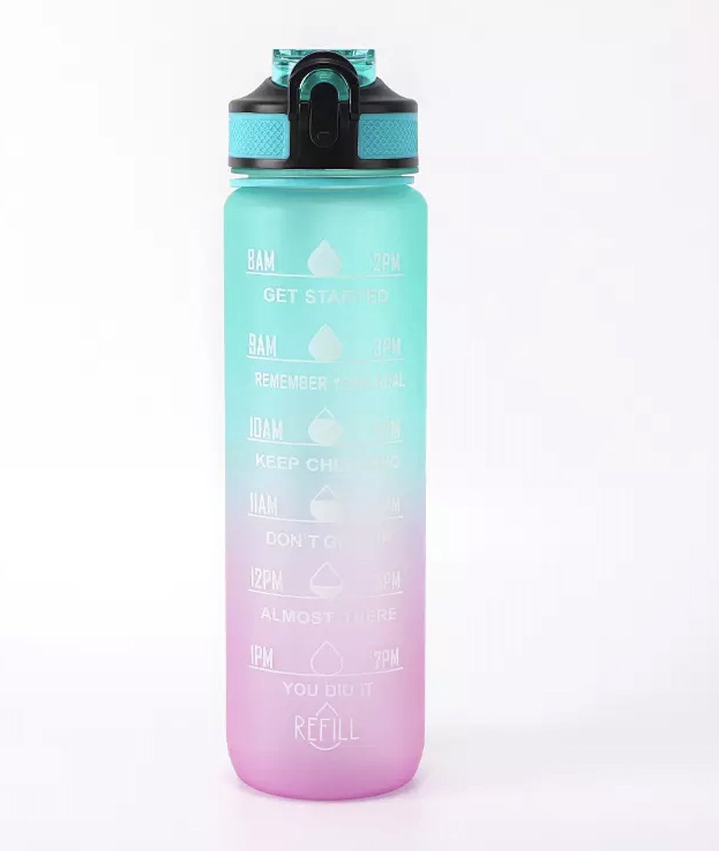 Afecto motivatie drinkfles grijs - Waterfles plus Tijdmarkeringen - Drinkfles - 1 Liter - BPA vrij - cyaan- paars - hoeveel drink jij?