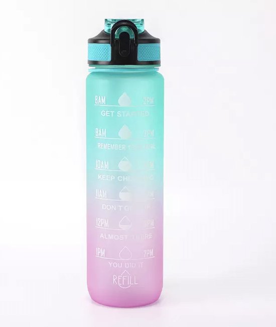 Foto: Afecto motivatie drinkfles grijs waterfles plus tijdmarkeringen drinkfles 1 liter bpa vrij cyaan paars hoeveel drink jij 