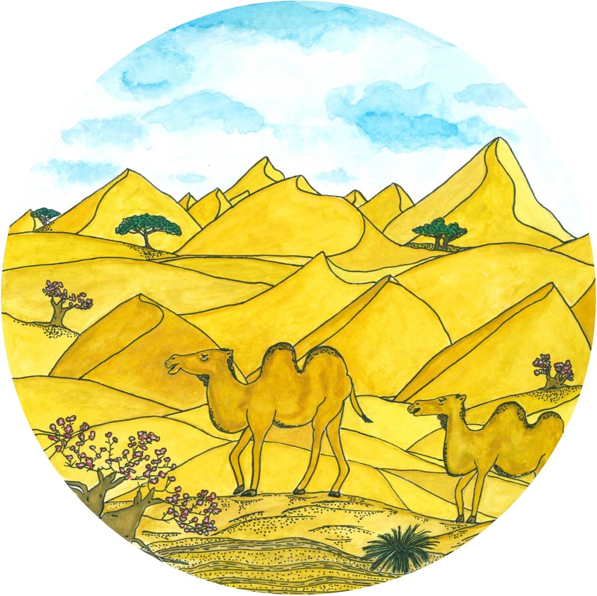Pure Prints - Behangcirkel Kamelenkaravaan - Unieke handgetekende/geschilderde print - Ø120 cm