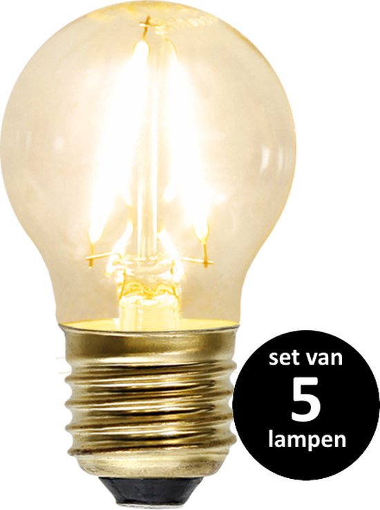 Set de 5 lampes sphériques classiques avec culot doré et filament visible.