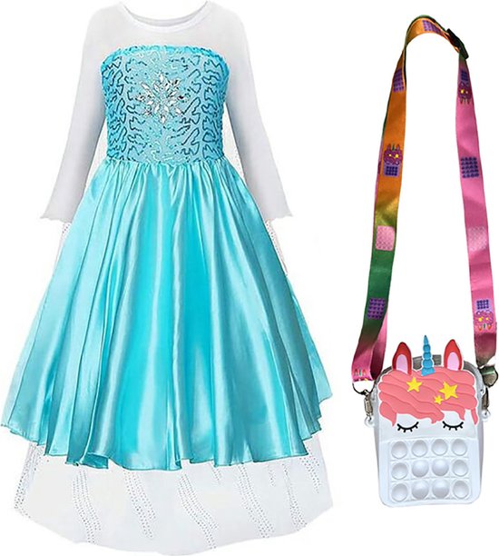 Unicorn - Prinsessenjurk meisje - Verkleedkleren - Het Betere Merk - Prinsessen Verkleedkleding - + fidget speelgoed Unicorn tasje - blauwe prinsessenjurk- maat 98/104 (110) - prinsessen speelgoed